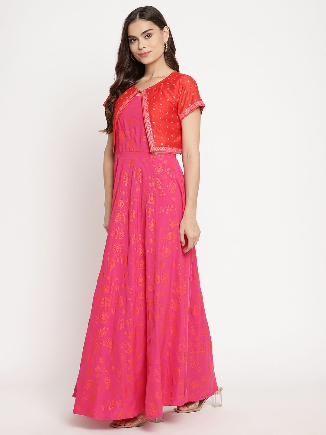 Pink & Orange Floral Print Kurta with Jacket | Indian Kurta Sets
