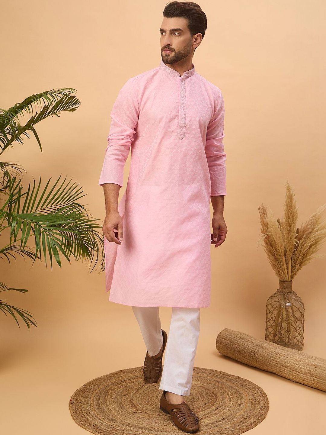 Ethnic Bay Men Pink Silk Blend Solid Embroidered Straight Kurta With Pant Set-MKSET1454