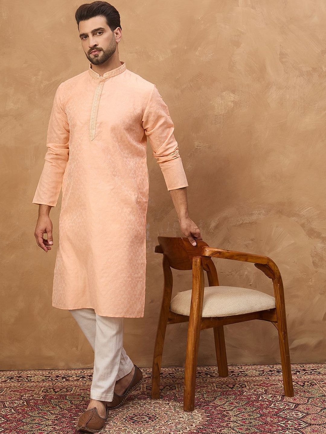 Ethnic Bay Men Peach Silk Blend Solid Embroidered Straight Kurta With Pant Set-MKSET1453