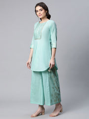 Teal Pure Cotton Gold Foil Printed Pakistani Style Kurta Palazzo Set-AHTUPZ-COMBO-492