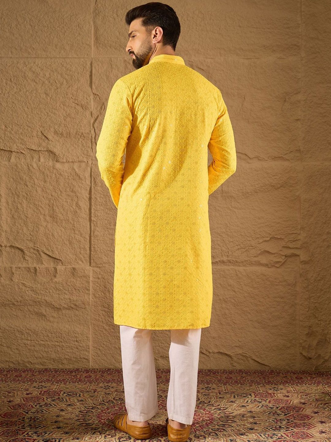 Ethnic Bay Men Yellow Viscose Rayon Solid Embroidered Straight Kurta With Pant Set-MKSET1212
