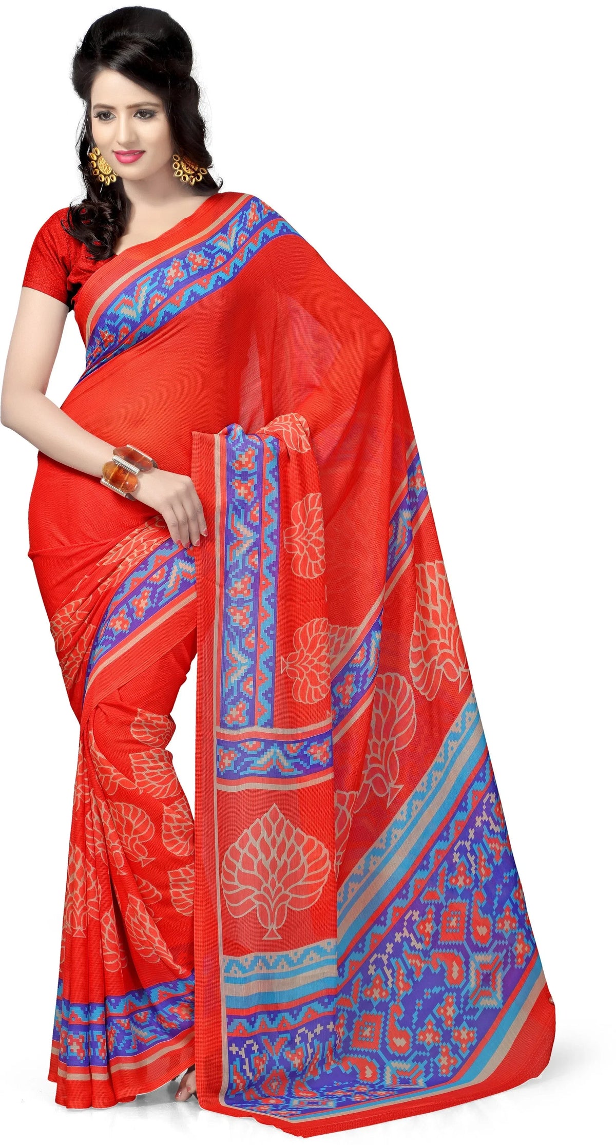 Orange Printed Georgette Saree-Rolex3031a-Standard