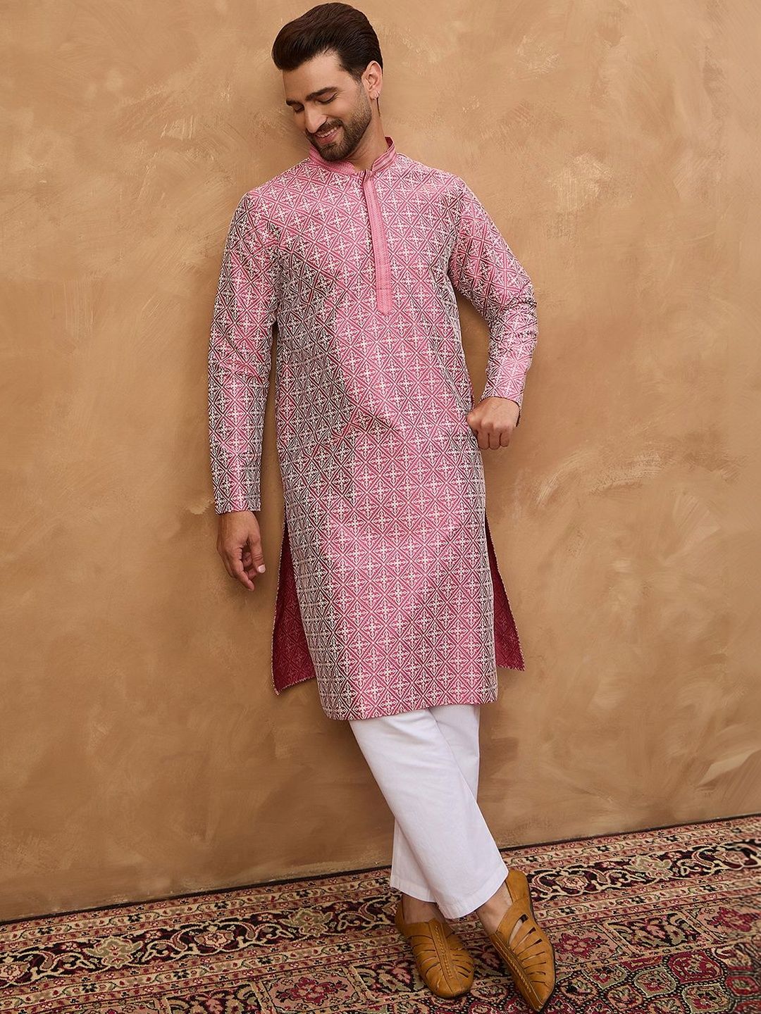 Ethnic Bay Men Pink Silk Blend Ethnic Motifs Printed Straight Kurta With Pant Set-MKSET1525