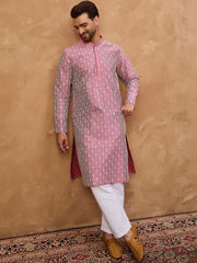 Ethnic Bay Men Pink Silk Blend Ethnic Motifs Printed Straight Kurta With Pant Set-MKSET1525