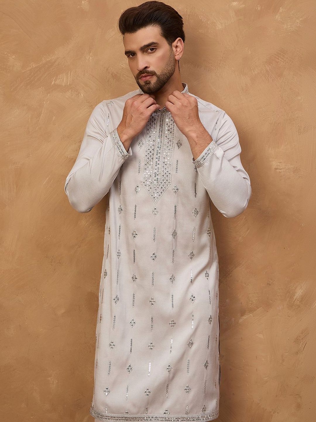 Ethnic Bay Men Grey Silk Blend Solid Embroidered Straight Kurta With Pant Set-MKSET1438