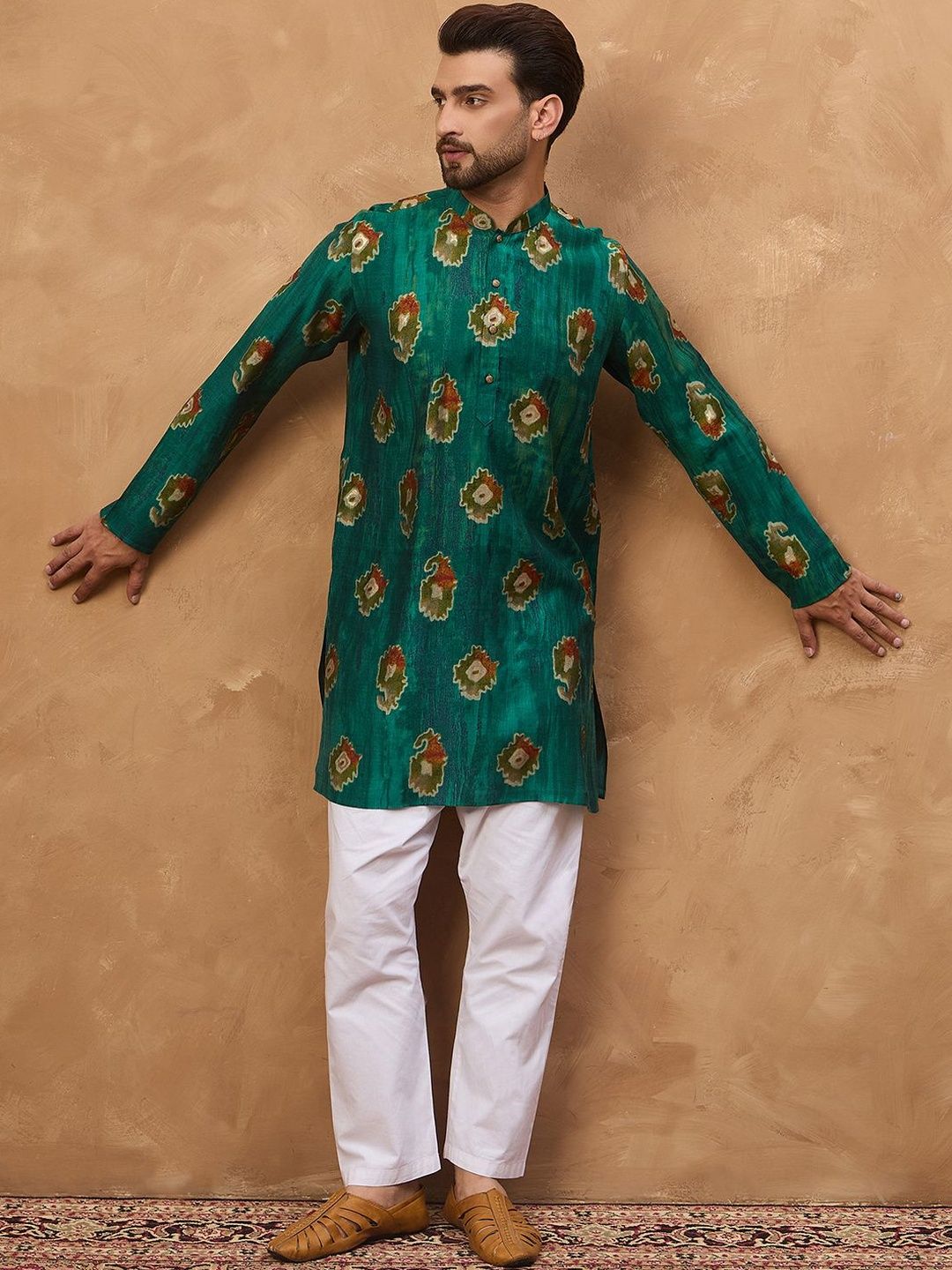 Ethnic Bay Men Teal Viscose Rayon Ethnic Motifs Printed Straight Kurta With Pant Set-MKSET1541