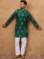 Ethnic Bay Men Teal Viscose Rayon Ethnic Motifs Printed Straight Kurta With Pant Set-MKSET1541