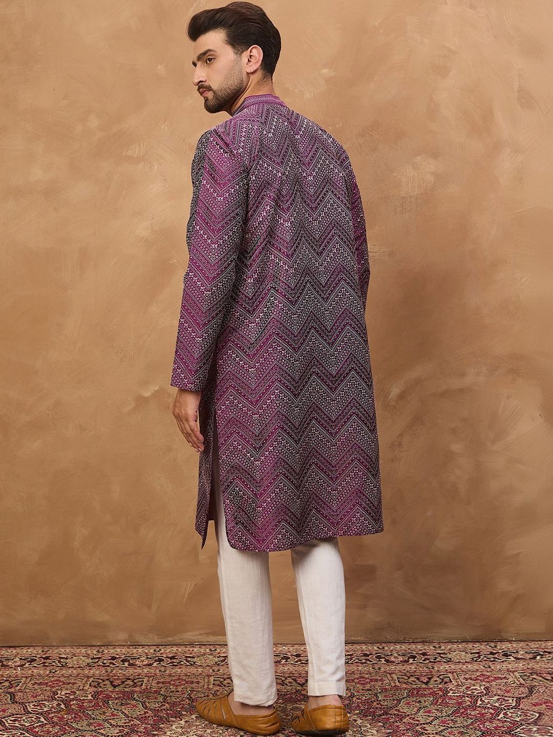 Ethnic Bay Men Purple Silk Blend Geometric Printed Straight Kurta With Pant Set-MKSET1521
