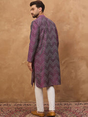 Ethnic Bay Men Purple Silk Blend Geometric Printed Straight Kurta With Pant Set-MKSET1521