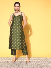 Olive Green Poly Silk Gold Printed Kurta Pant Set-AHKUPN-COMBO-495-FF