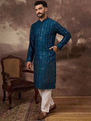 Ethnic Bay Men Blue Silk Blend Solid Embroidered Straight Kurta With Pant Set-MKSET1358