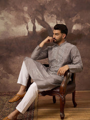 Ethnic Bay Men Grey Silk Blend Solid Embroidered Straight Kurta With Pant Set-MKSET1420