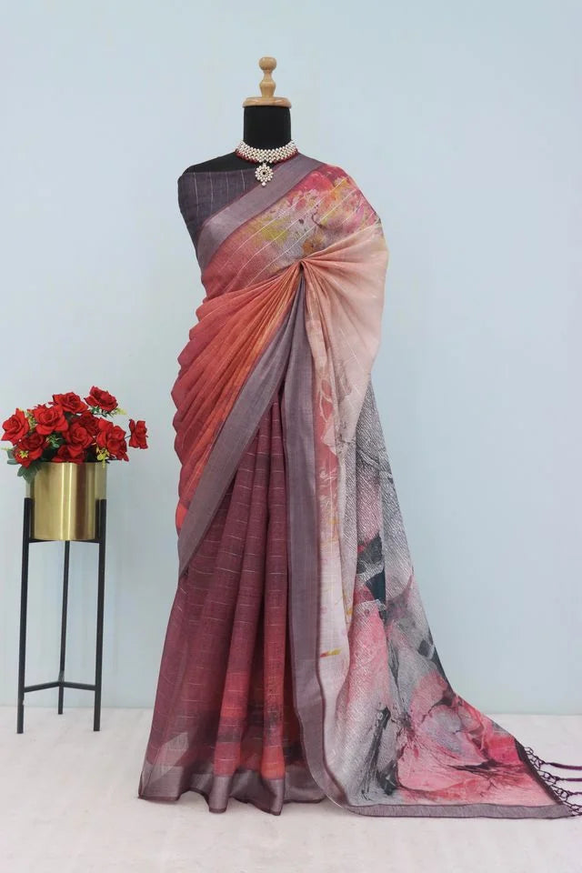 Linen Digital Print Brown Saree With Unstiched Blouse Piece