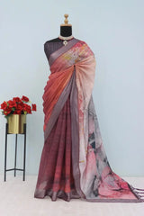 Linen Digital Print Brown Saree With Unstiched Blouse Piece-MPHL-23-BROWN