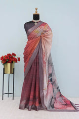 Linen Digital Print Brown Saree With Unstiched Blouse Piece-MPHL-23-BROWN