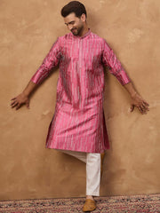 Ethnic Bay Men Pink Silk Blend Geometric Printed Straight Kurta With Pant Set-MKSET1533