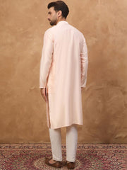 Ethnic Bay Men Peach Silk Blend Solid Embroidered Straight Kurta With Pant Set-MKSET1431