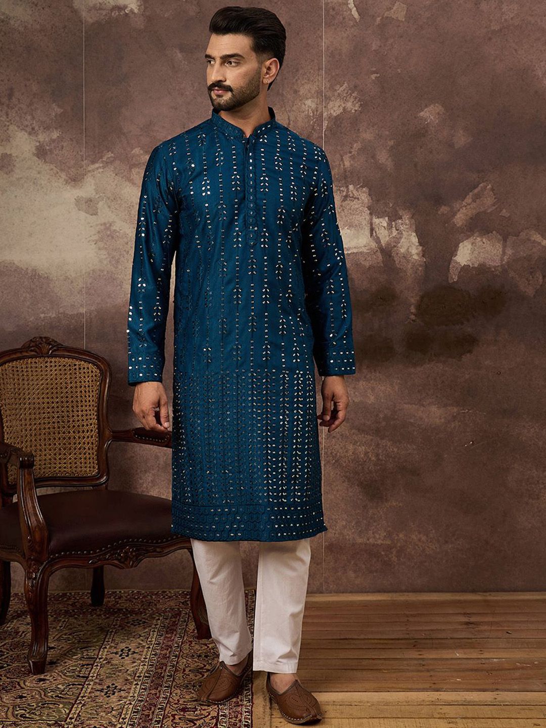 Ethnic Bay Men Blue Silk Blend Solid Embroidered Straight Kurta With Pant Set-MKSET1358