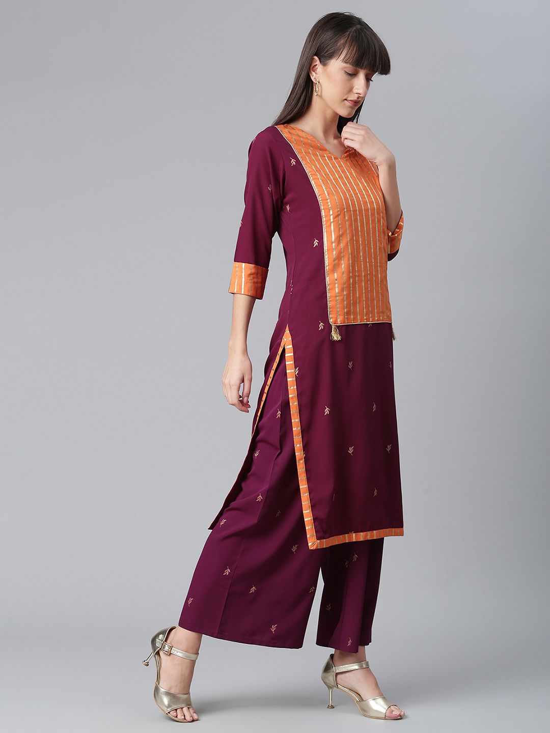 Wine & Orange Printed Kurta Palazzo Set With Dupatta