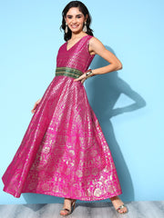 Pink Poly Silk Gold Foil Printed Dress-AHDRPSFP-929-FF