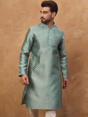 Ethnic Bay Men Blue Silk Blend Solid Woven Design Straight Kurta With Pant Set-MKSET1457