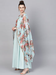 Aqua Blue Poly Silk Kurta With Attached Printed Dupatta-AHKUPSCFDP-785