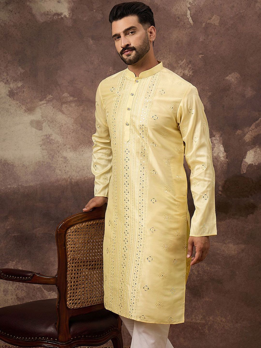 Ethnic Bay Men Yellow Silk Blend Solid Embroidered Straight Kurta With Pant Set-MKSET1364