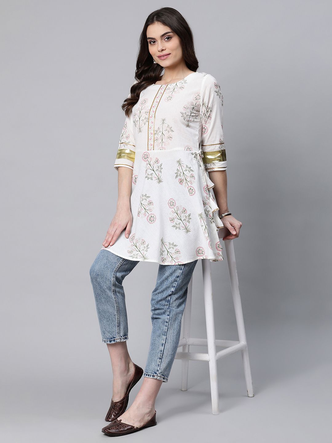 Off White Floral Cotton Tunic Top - Indian Kurta for Women