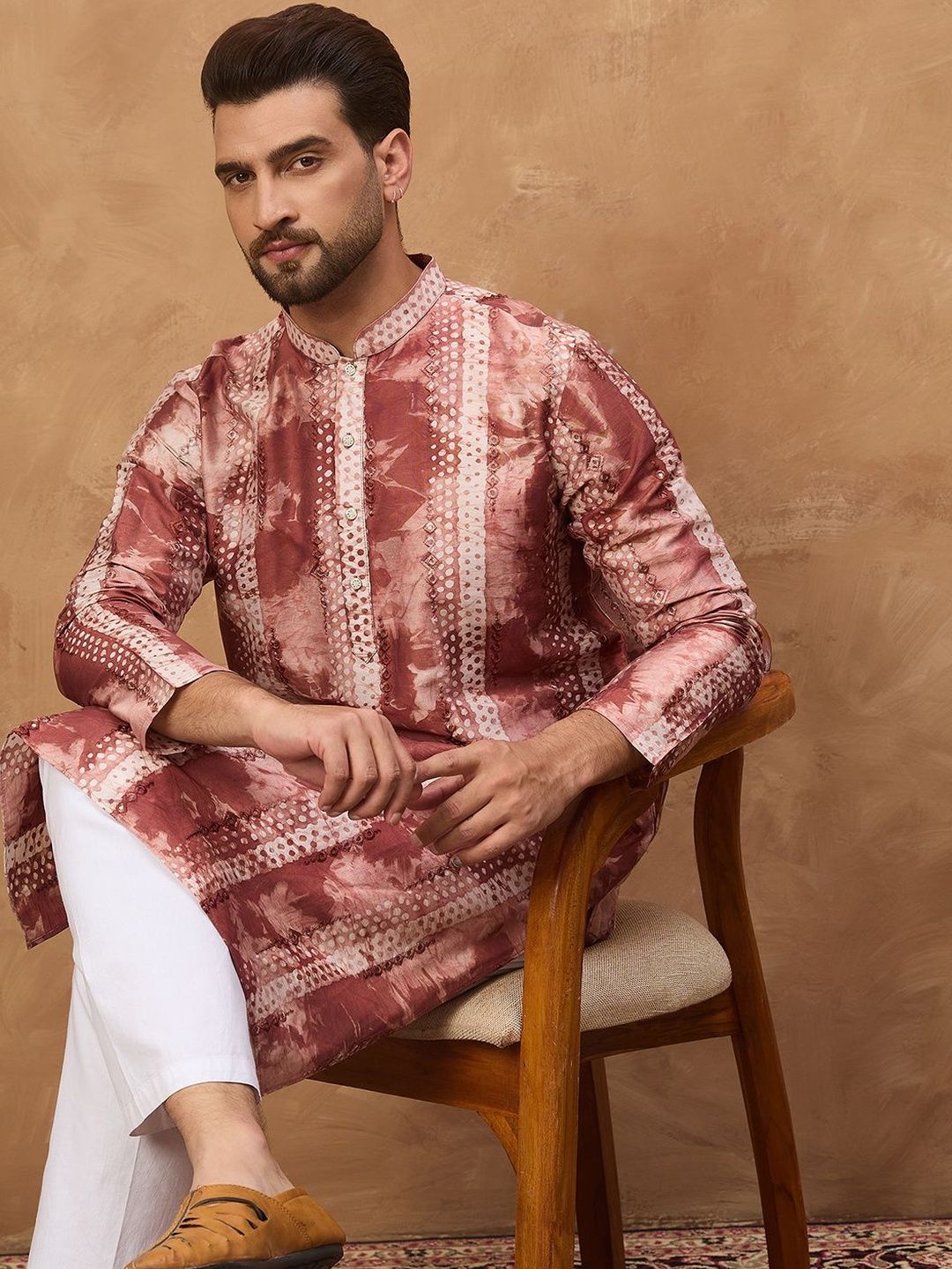 Ethnic Bay Men Brown Silk Blend Shibori Embroidered Straight Kurta With Pant Set-MKSET1539