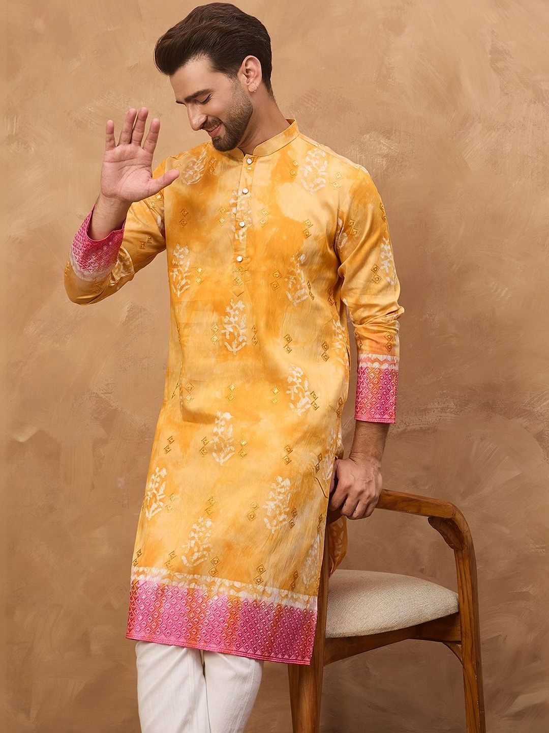 Ethnic Bay Men Yellow Silk Blend Batik Embroidered Straight Kurta With Pant Set-MKSET1513