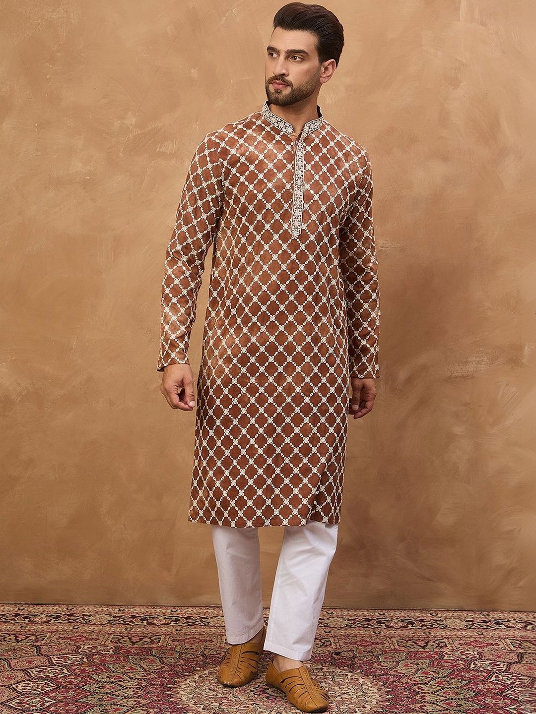 Ethnic Bay Men Brown Viscose Rayon Solid Embroidered Straight Kurta With Pant Set-MKSET1535
