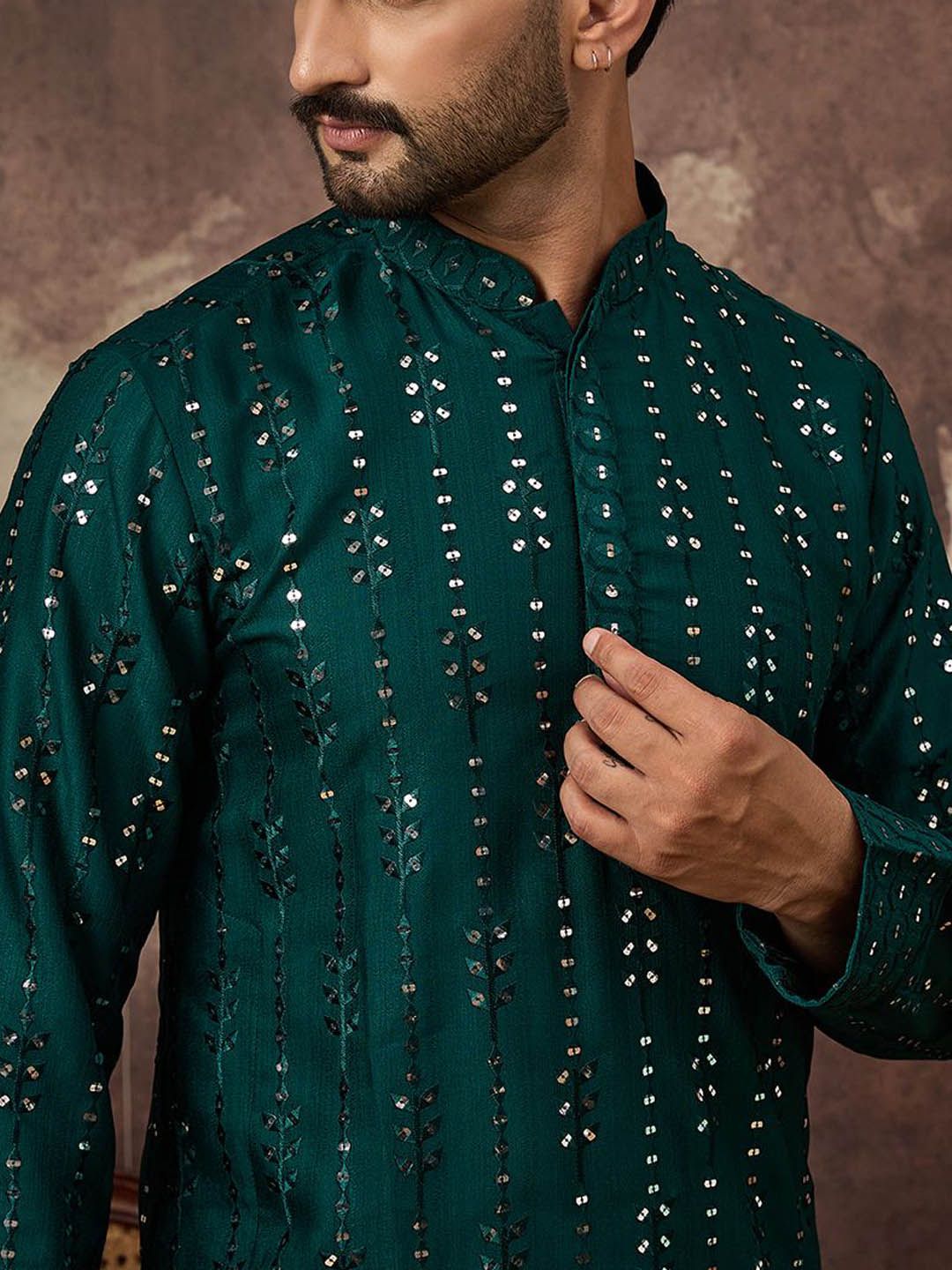 Ethnic Bay Men Teal Silk Blend Solid Embroidered Straight Kurta With Pant Set-MKSET1357