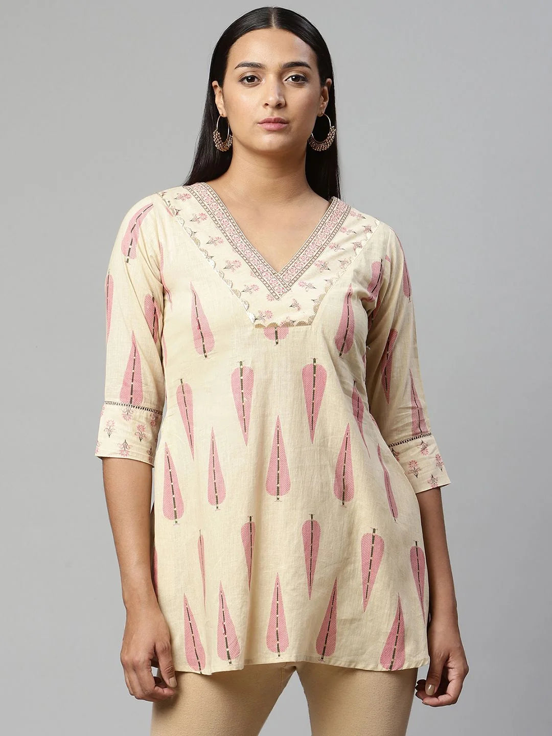 Beige Printed Cotton Tunic Top - Indian Kurtis for Ladies
