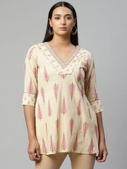 Beige Pure Cotton Printed Tunic-AHTUCOGPPG-8052