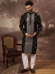 Ethnic Bay Men Black Silk Blend Solid Embroidered Straight Kurta With Pant Set-MKSET1370