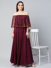 Burgundy & Gold Net Printed Dress-AHDRNTFP-924