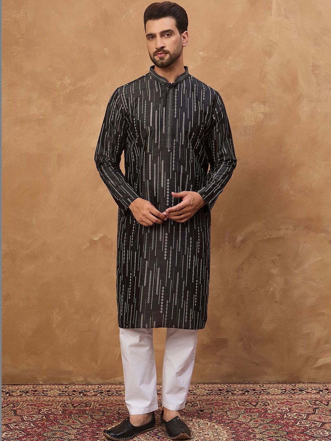 Ethnic Bay Men Black Silk Blend Geometric Printed Straight Kurta With Pant Set-MKSET1516