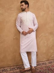 Ethnic Bay Men Lavender Silk Blend Solid Embroidered Straight Kurta With Pant Set-MKSET1448
