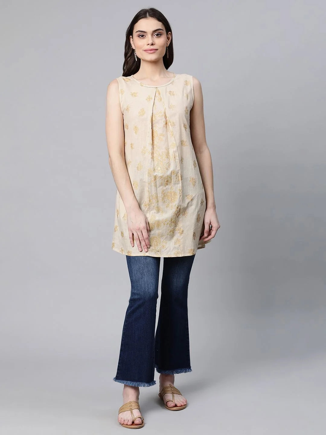 Floral Printed Beige Cotton Tunic Top - Indian Kurtis Online
