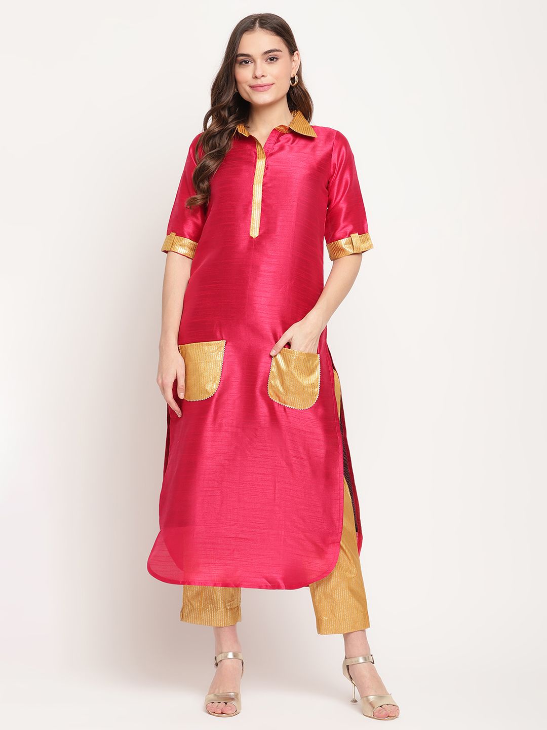 Dark Pink Poly Silk Printed Kurta Trouser Set | Indian Kurta Sets