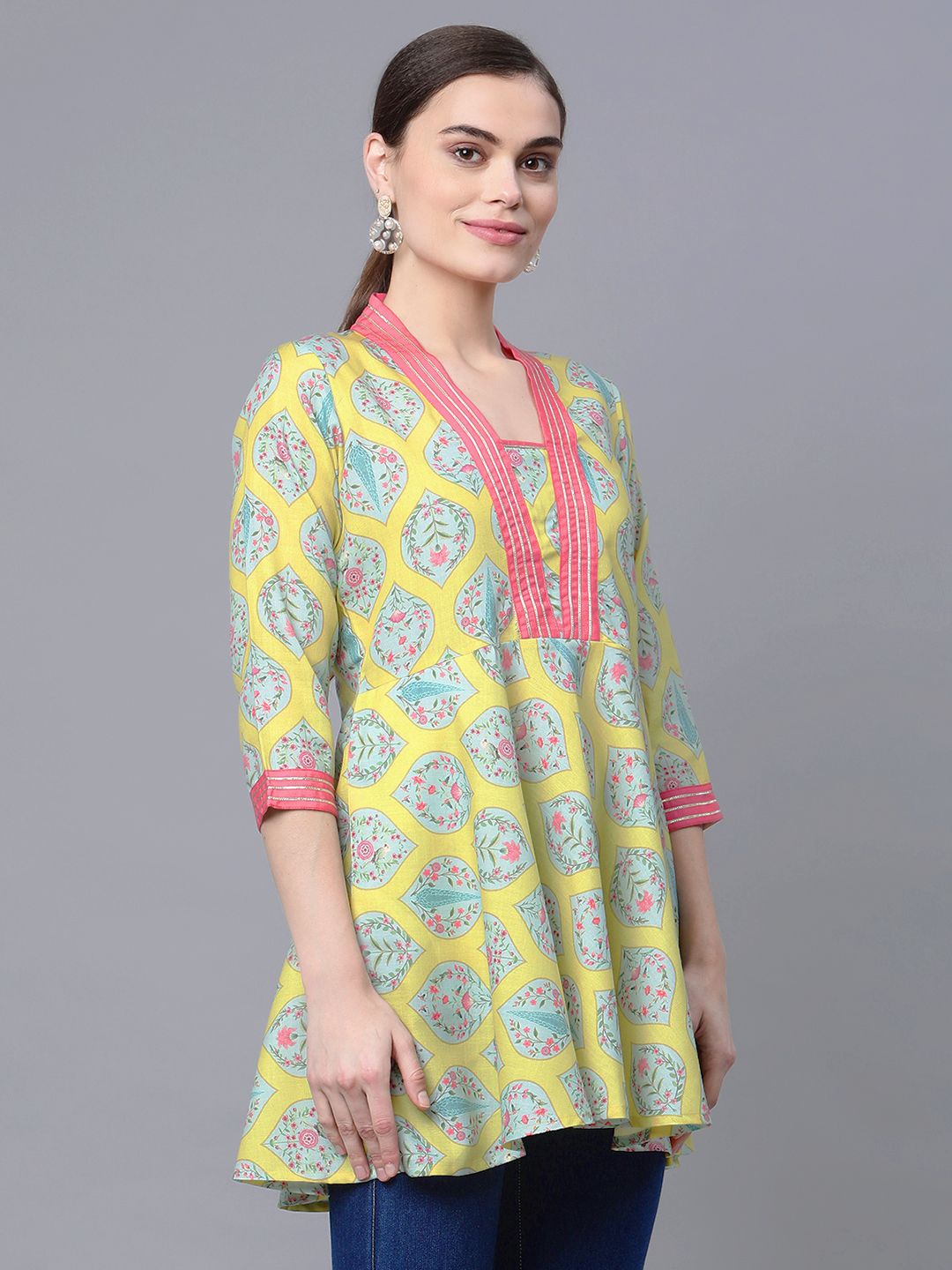 Lemon Yellow Cotton Blend Tunic Top - Indian Kurta for Women