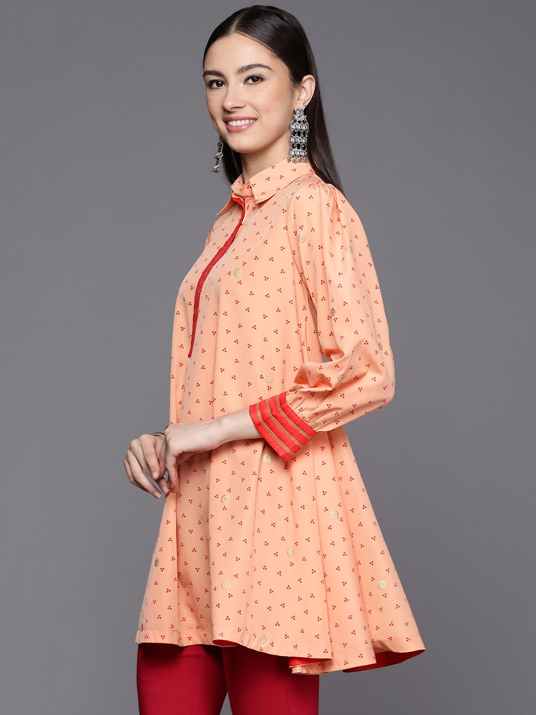 Peach Printed Crepe Tunic Top - Indian Kurta for Ladies