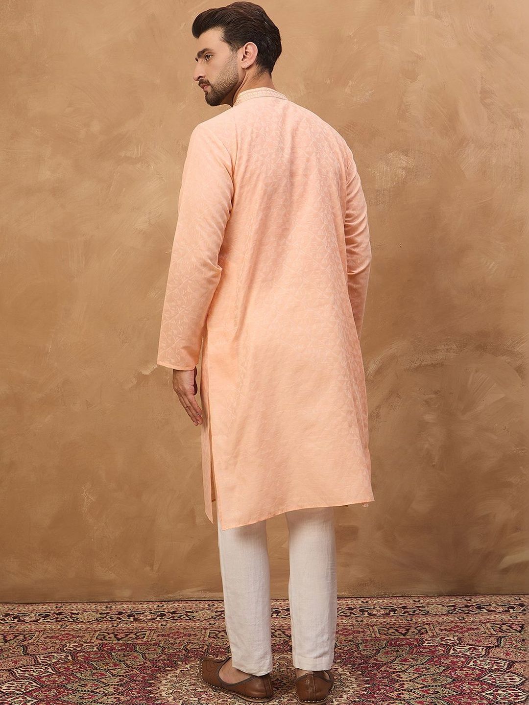 Ethnic Bay Men Peach Silk Blend Solid Embroidered Straight Kurta With Pant Set-MKSET1453