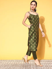 Olive Green Poly Silk Gold Printed Kurta Pant Set-AHKUPN-COMBO-495-FF