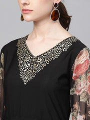 Black Printed Crepe Dress-AHKUCRCFLTDP-791