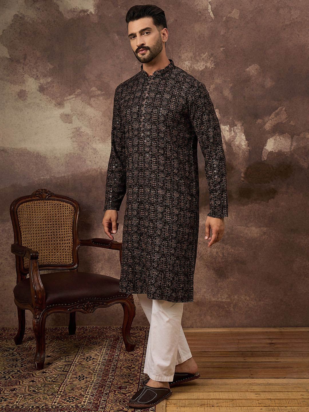Ethnic Bay Men Black Viscose Rayon Ethnic Motifs Embroidered Straight Kurta With Pant Set-MKSET1405
