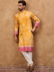 Ethnic Bay Men Yellow Silk Blend Batik Embroidered Straight Kurta With Pant Set-MKSET1513