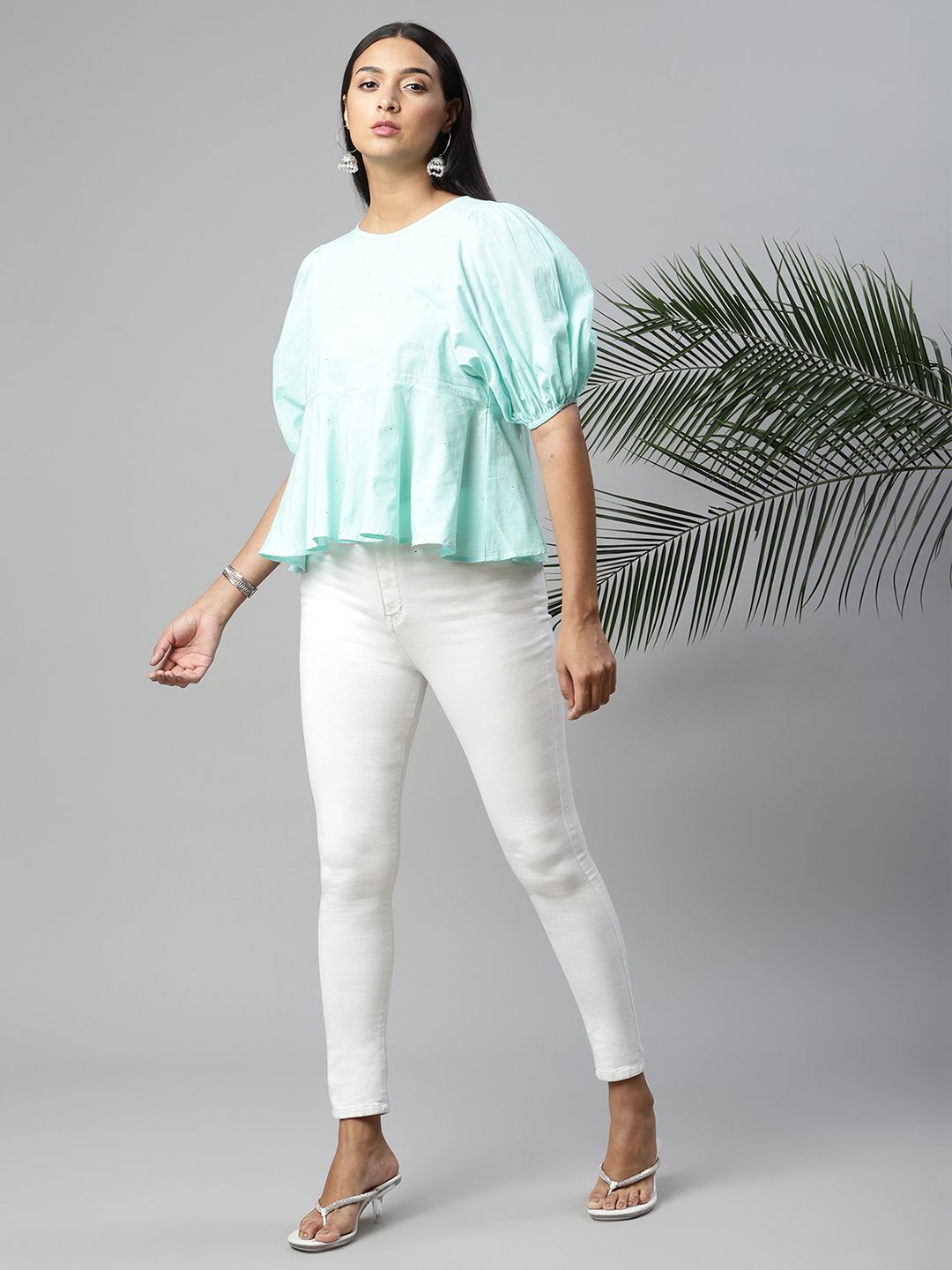 Light Blue Cotton Printed Tunic Top - Indian Kurtis for Women