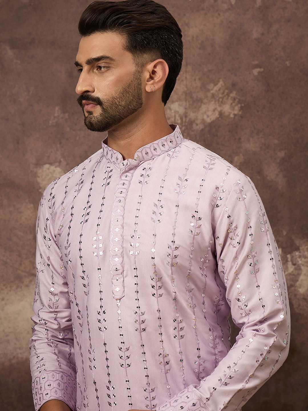 Ethnic Bay Men Lavender Silk Blend Solid Embroidered Straight Kurta With Pant Set-MKSET1359