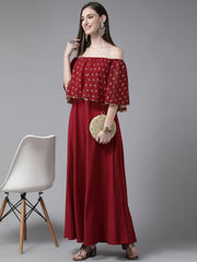 Maroon Cotton Blend Gold Printed Dress-AHDRGRFP-925